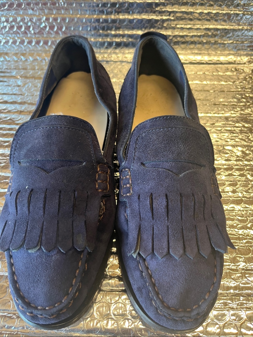 Cole Haan Navy Suede Fringe Moccasins